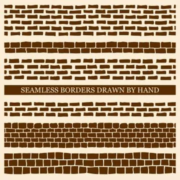 Vector set of hand drawn seamless borders made with ink Stock Illustration