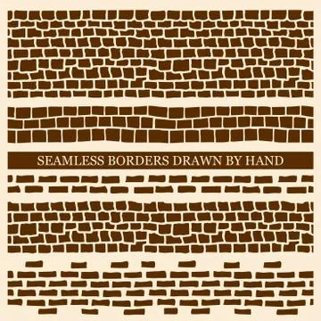 Vector set of hand drawn seamless borders made with ink Stock Illustration