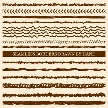 Vector set of hand drawn seamless borders made with ink Stock Illustration