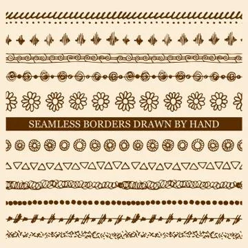Vector set of hand drawn seamless borders made with ink Illustrazione stock