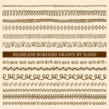 Vector set of hand drawn seamless borders made with ink Stock Illustration