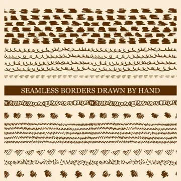Vector set of hand drawn seamless borders made with ink Stock Illustration