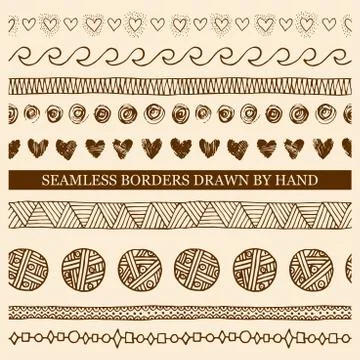 Vector set of hand drawn seamless borders made with ink Stock Illustration