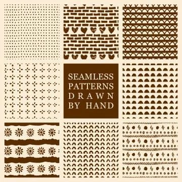 Vector set of hand drawn seamless patterns made with ink Stock Illustration