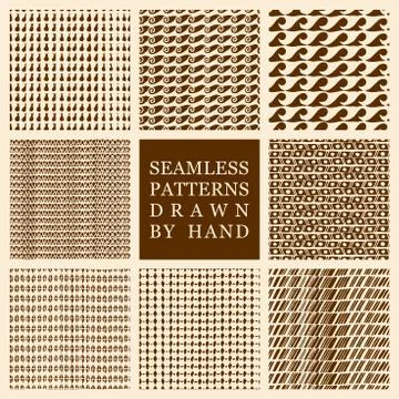 Vector set of hand drawn seamless patterns made with ink Stock Illustration
