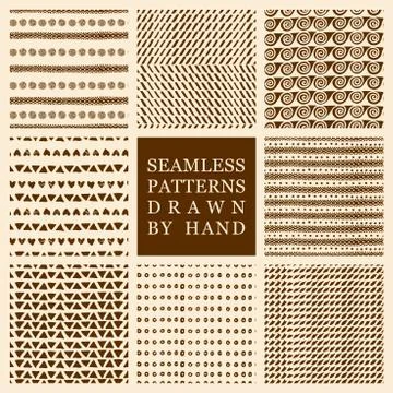 Vector set of hand drawn seamless patterns made with ink Stock Illustration