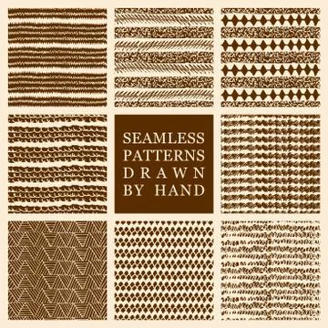 Vector set of hand drawn seamless patterns made with ink Stock Illustration