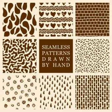 Vector set of hand drawn seamless patterns made with ink Stock Illustration