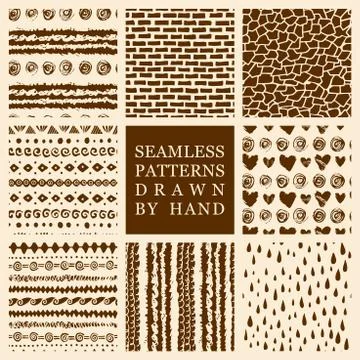 Vector set of hand drawn seamless patterns made with ink Stock Illustration