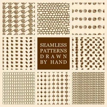 Vector set of hand drawn seamless patterns made with ink Stock Illustration
