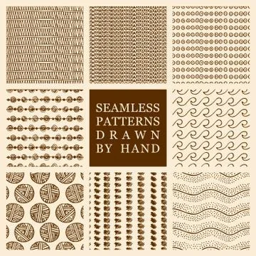 Vector set of hand drawn seamless patterns made with ink Stock Illustration