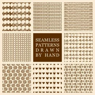 Vector set of hand drawn seamless patterns made with ink Illustrazione stock