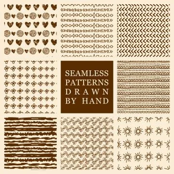 Vector set of hand drawn seamless patterns made with ink Stock Illustration