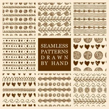 Vector set of hand drawn seamless patterns made with ink Stock Illustration