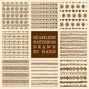 Vector set of hand drawn seamless patterns made with ink Stock Illustration