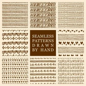 Vector set of hand drawn seamless patterns made with ink Stock Illustration