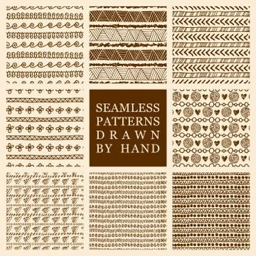 Vector set of hand drawn seamless patterns made with ink Stock Illustration