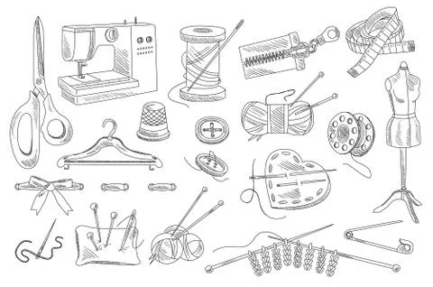 Vector set of hand drawn sewing and knitting icons. Mannequin, buttons, threads Illustrazione stock
