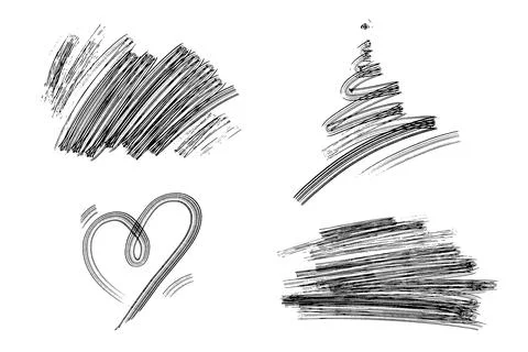 Vector set of hand drawn shapes. One color hand drawn hearts, christmas tree  Stock Illustration