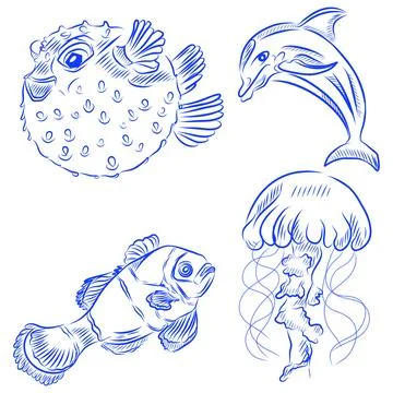 Vector set of hand-drawn sketch style sea creatures, blue line art Illustrazione stock