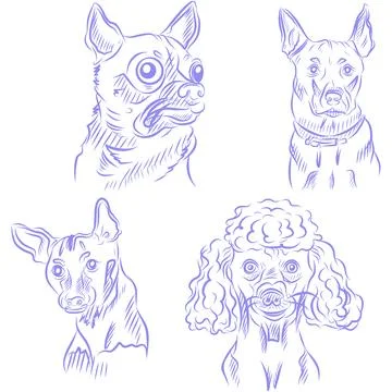 Vector set of hand drawn sketch, dog portrait, purple line art Illustration