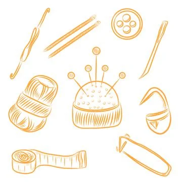 Vector set of hand-drawn sketches, knitting items, hobbies, line art Ilustración de archivo