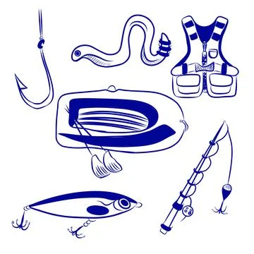 Vector set of hand-drawn sketches, fishing items, blue line art Stock Illustration