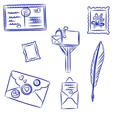 Vector set of hand-drawn sketches, postal set, letters, mailbox, stamps, blue Stock Illustration