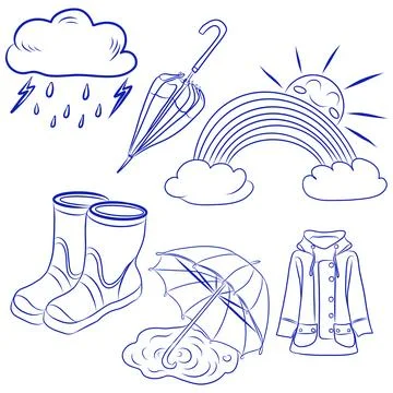 Vector set of hand-drawn sketches, rainy weather, clouds, raincoat, boots, .. 스톡 일러스트