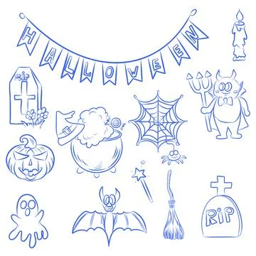Vector set of hand-drawn sketches, Halloween items, blue line Stock Illustration