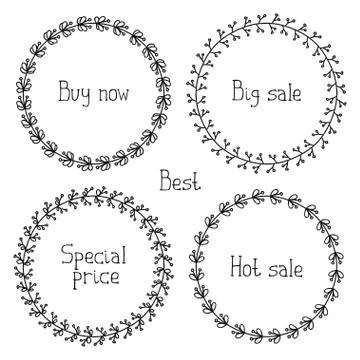 Vector set of hand drawn style badges and elements. Sale tag. Doodle frames. Stock Illustration