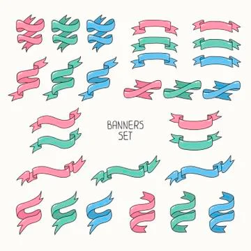 Vector set of hand drawn style vintage ribbon badges. Design doodle elements. 스톡 일러스트