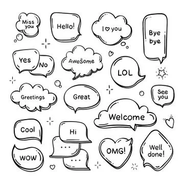 Vector set of hand drawn think and talk speech bubbles with message, greetings Stock Illustration