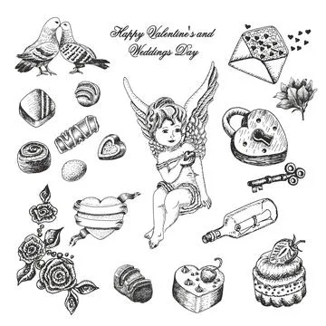 Vector set  of hand drawn vintage valentines and wedding day collection Stock Illustration