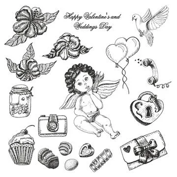 Vector set of hand drawn vintage valentines and wedding day collection Stock Illustration
