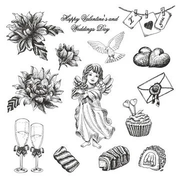 Vector set of hand drawn vintage valentines and weddings day collection Stock Illustration