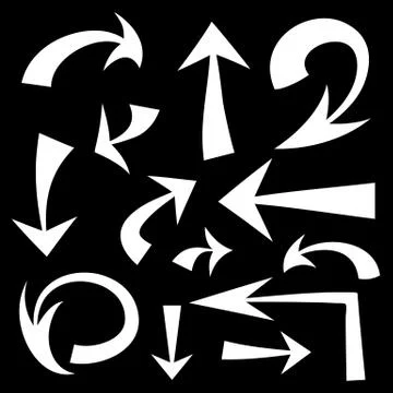 Vector set of hand drawn white arrows on black background Stock Illustration