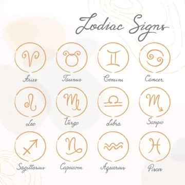 Vector set of hand-drawn zodiac signs icons on various backgrounds. Stock Illustration