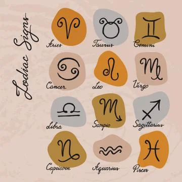 Vector set of hand-drawn zodiac signs icons on various backgrounds. Stock Illustration