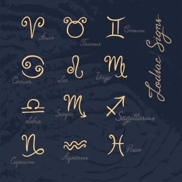 Vector set of hand-drawn zodiac signs icons on various backgrounds. Stock Illustration