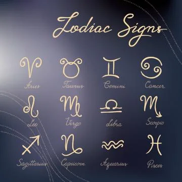 Vector set of hand-drawn zodiac signs icons on various backgrounds. Stock Illustration
