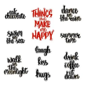 Vector set of hand written lettering with things that make happy . Stock Illustration