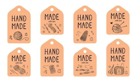 Vector set of handmade tags and labels with doodle illustrations of knitting Иллюстрация