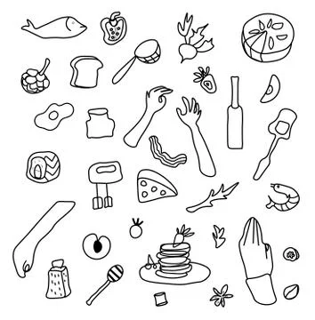 Vector set with hands and food. Clip art illustrations Stock Illustration