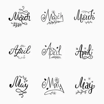 Vector set of handwritten lettering spring months, March, April, May, black t Stock Illustration