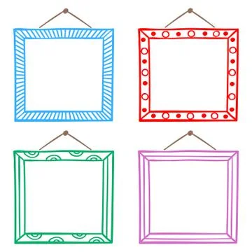 Vector set of hanging picture frames, hand drawn doodle style, isolated on white Illustrazione stock