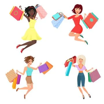 Vector Set of happy and cheerful pretty woman females jumping dancing with Stock Illustration