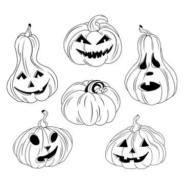 Vector set of happy and scary faces Halloween pumpkins Stock Illustration