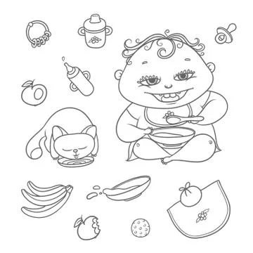 Vector set happy child and kitten eat. Chubby curly kid eating porridge and cat Stock Illustration