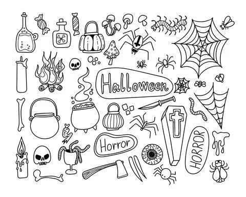 Vector set to Happy Halloween. Hand drawing doodle line. Scary elements for t Stock Illustration